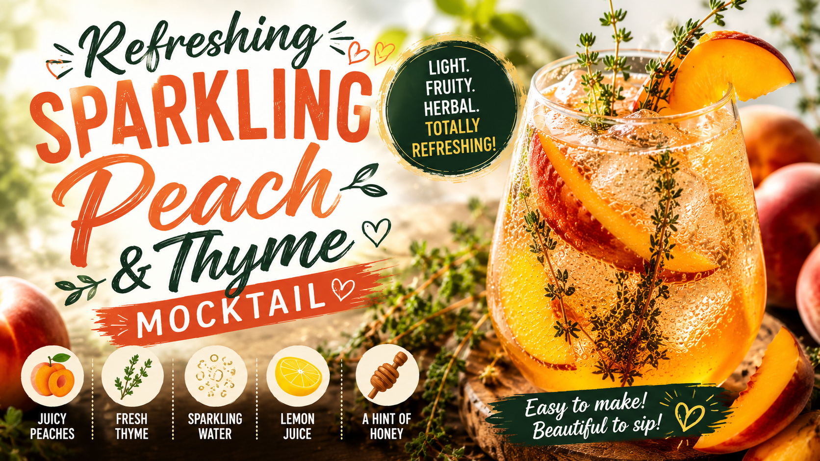 Refreshing Sparkling Peach And Thyme Mocktail