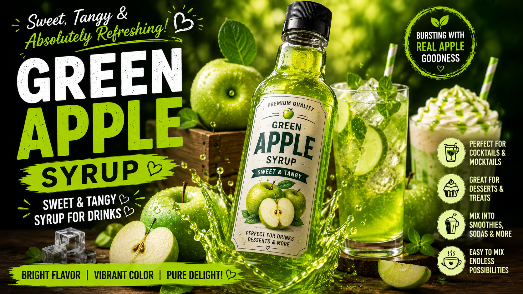 Green Apple Syrup Bottle Sweet & Tangy Syrup for Drinks