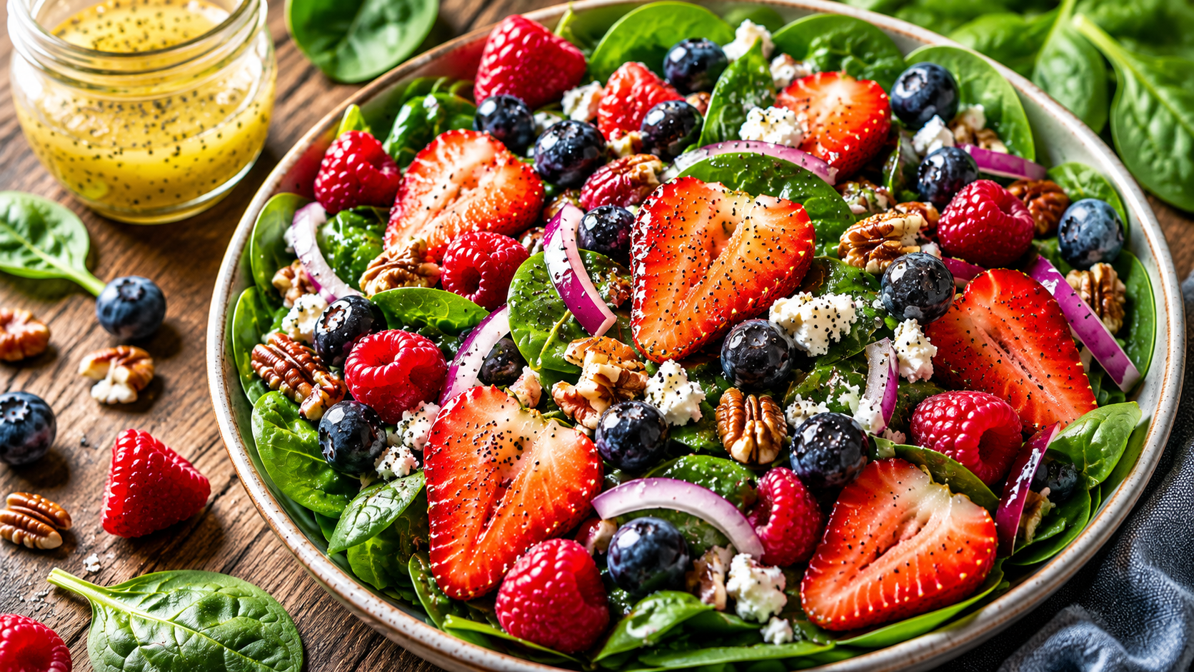Berry Spinach Superfood Salad with Honey Poppy Seed Dressing
