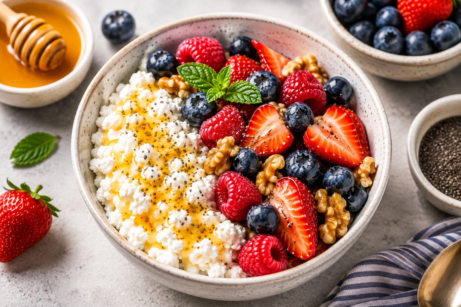 Cottage Cheese Breakfast Bowl with Fresh Berries and Honey – A Protein-Packed Morning Delight