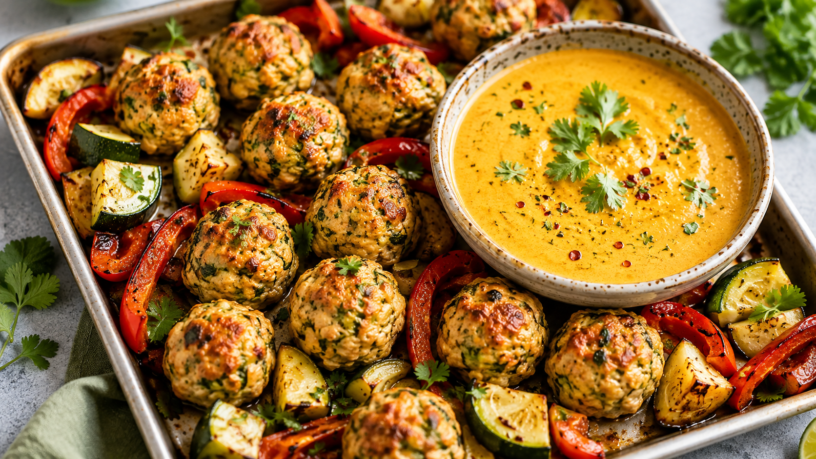 Sheet Pan Zucchini Chicken Meatballs with Coconut Curry Sauce: An Easy One-Pan Dinner