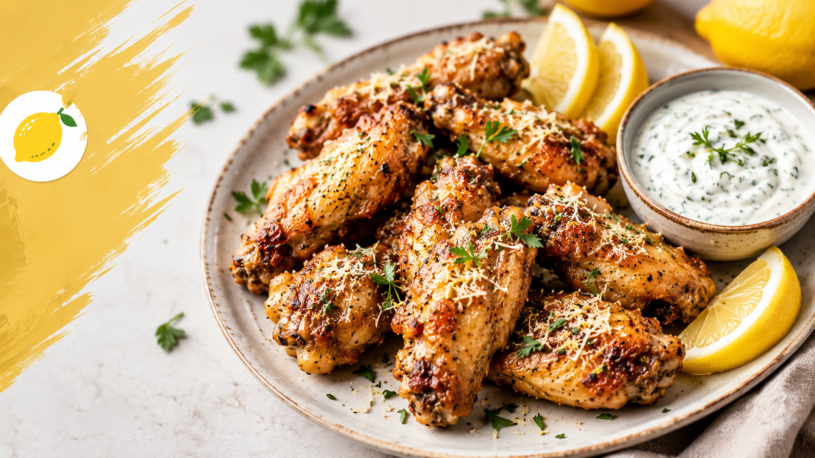 Lemon Parmesan Chicken Wings with Herby Yogurt Ranch