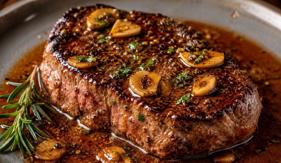 Perfect Pan-Seared Steak with Rich Bourbon Garlic Sauce