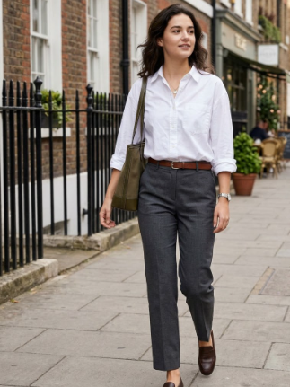 White Button-Down Shirt and Tailored Trousers