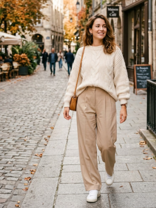 Cream Sweater and Pleated Pants