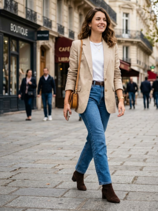 Beige Blazer With Straight-Leg Jeans