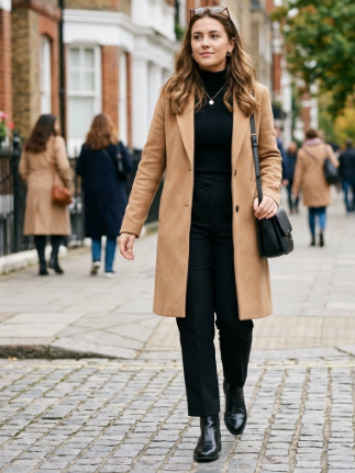 Camel Coat and Black Trousers