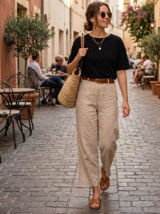 Beige Linen Pants With a Black Top