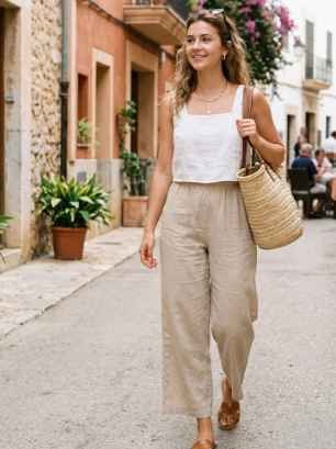 Beige Linen Pants With a Black Top