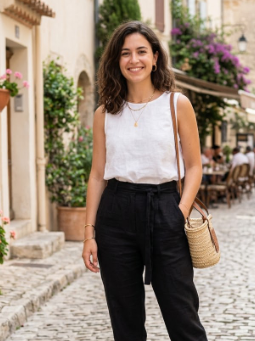 Black Linen Pants With a White Top