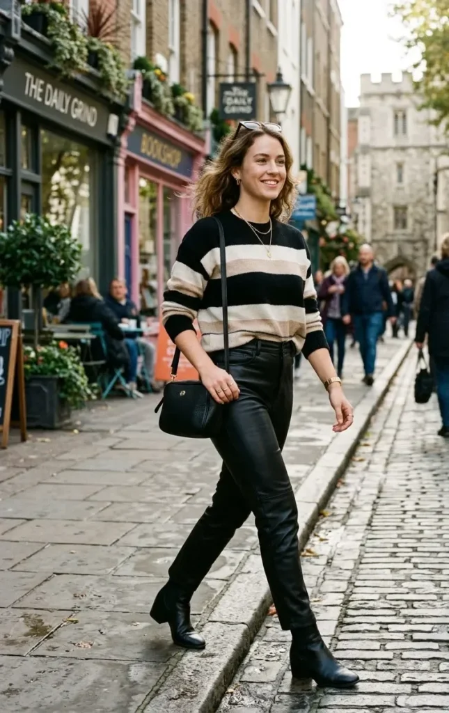 Leather Pants With a Striped Sweater