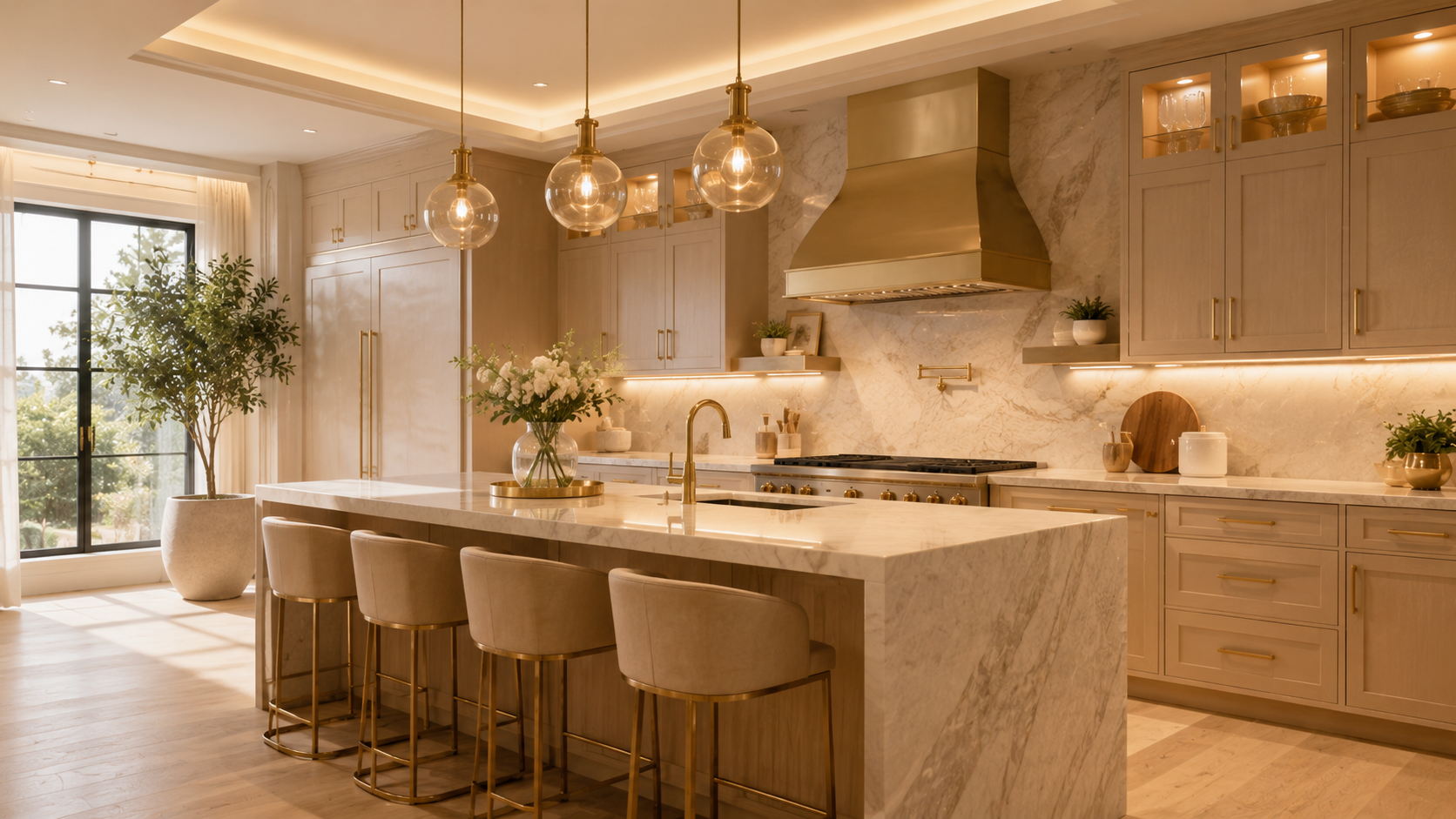 Modern Luxury Kitchen Ideas: Warm Beige & Gold Kitchen Decor