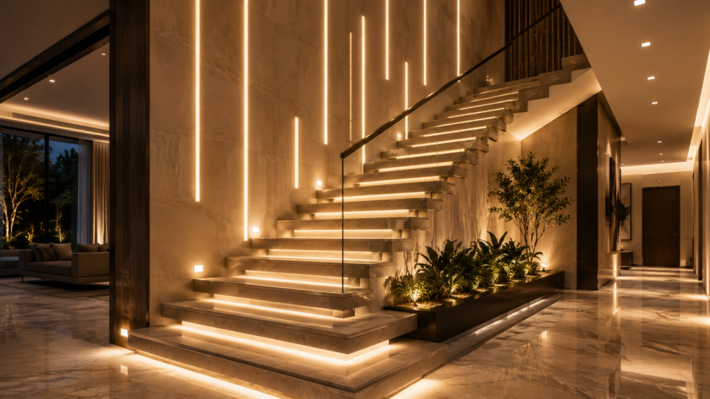 Luxury Staircase Design with Elegant LED Wall Lighting