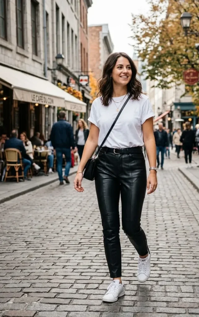 Leather Pants With a Simple T-Shirt