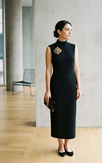 Brooch on a Minimalist Black Outfit