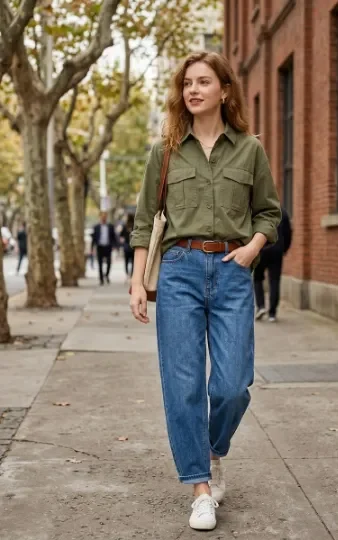 Utility Shirt With Barrel-Leg Jeans