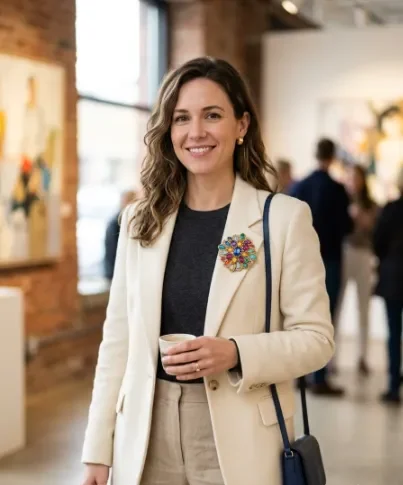 Colorful Brooch With a Neutral Outfit