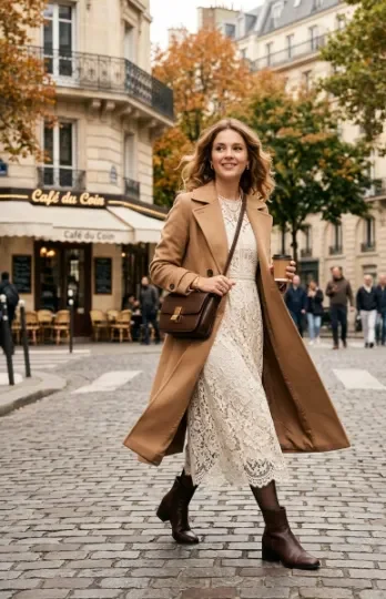 Lace Midi Dress With a Long Coat