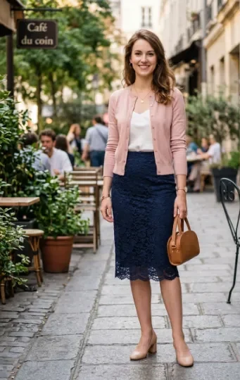 Lace Pencil Skirt With a Fitted Cardigan