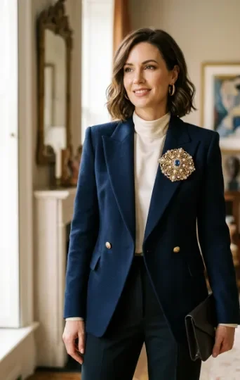 Oversized Brooch With a Classic Blazer