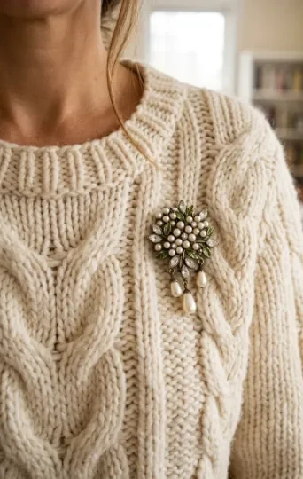Brooch on a Cozy Knit Sweater