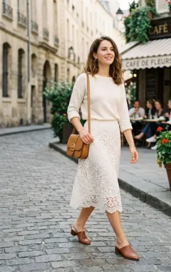  Lace Midi Skirt With a Simple Knit
