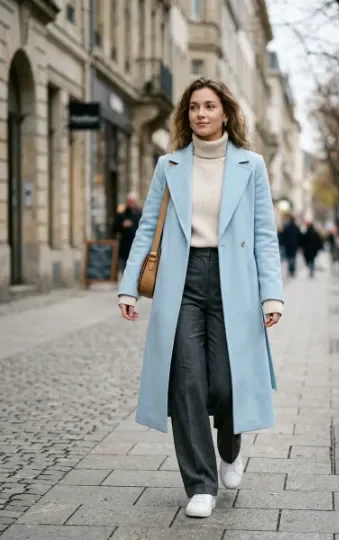 Glacier Blue Coat With a Neutral Outfit