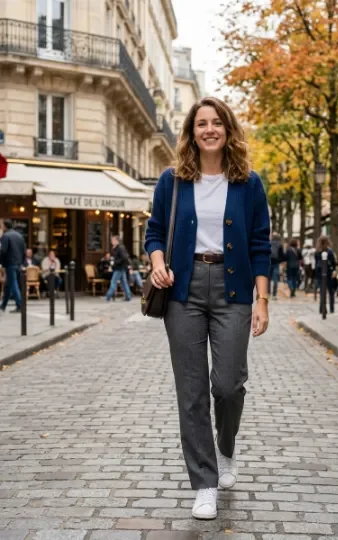 Blue Cardigan With Gray Trousers