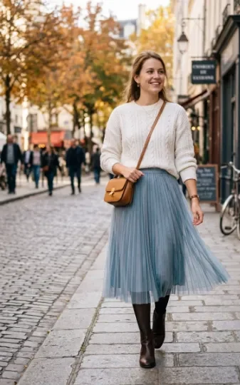 Frosted Blue Skirt With a White Sweater