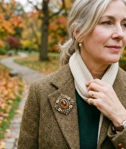 Vintage Brooch With a Tweed Jacket