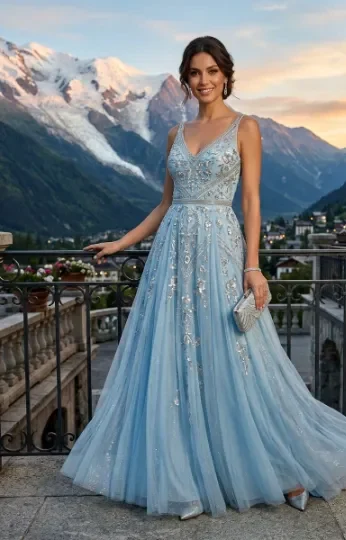 Glacier Blue Dress With Metallic Details