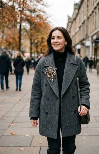 Statement Brooch on a Wool Coat