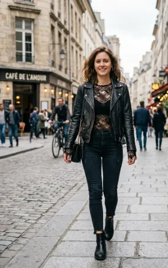 Lace Top Under a Leather Jacket