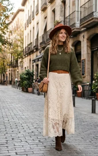 Lace Maxi Skirt With a Cropped Sweater