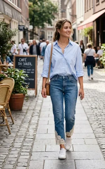 Lace-Trimmed Jeans With a Button-Down Shirt