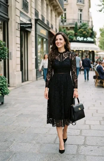Black Lace Dress With a Structured Handbag