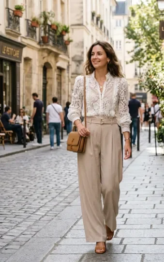Lace Blouse With Wide-Leg Pants