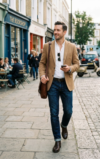 Camel Blazer + White Button-Down + Dark Jeans