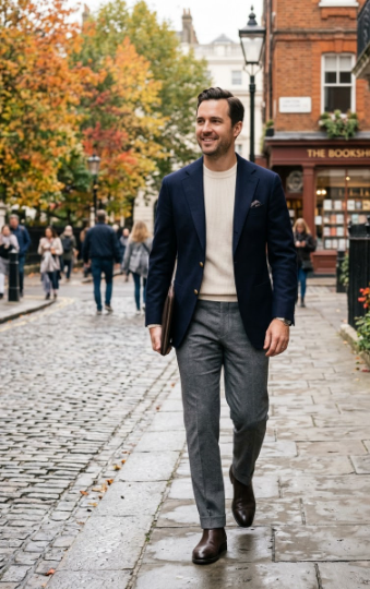 Navy Blazer + Cream Sweater + Tailored Trousers