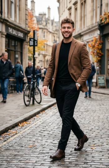Brown Blazer + Black Trousers