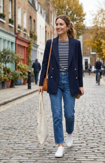 Blazer + Breton Striped Top + Jeans