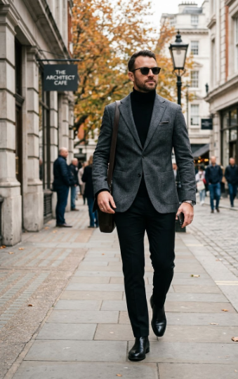 Gray Blazer + Black Turtleneck + Trousers