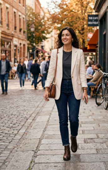 Cream Blazer + Dark Denim