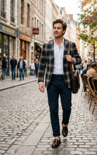 Plaid Blazer + White Shirt + Loafers