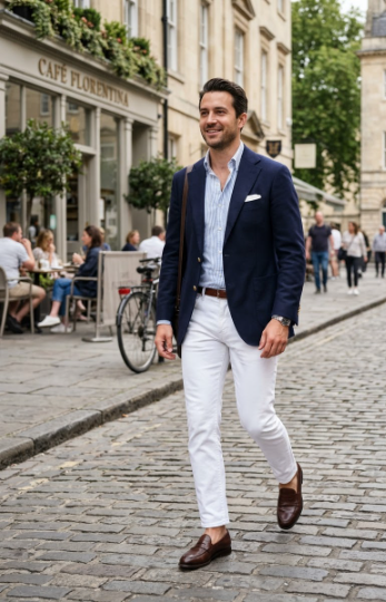 Navy Blazer + White Jeans + Loafers