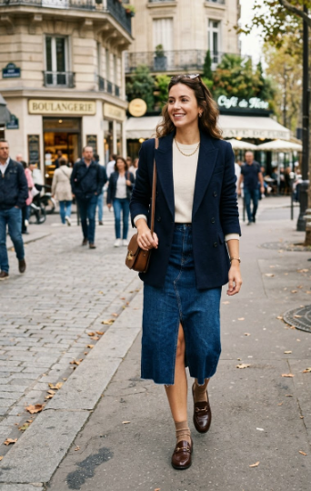 Leather Loafers + Blazer + Denim Skirt