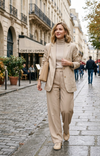 Monochromatic Beige Blazer Outfit