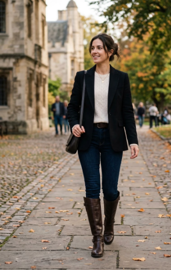 Black Blazer + Cream Knit + Riding Boots