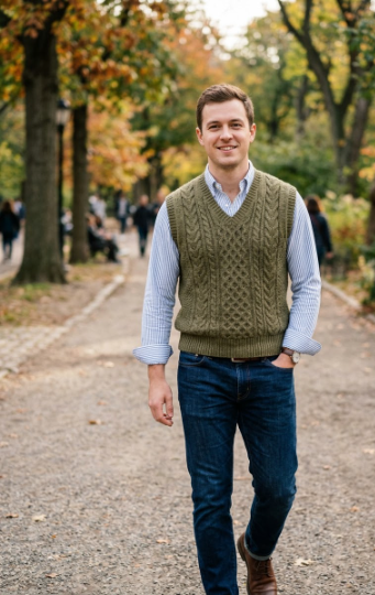 Button-Down Shirt Under a Knit Vest