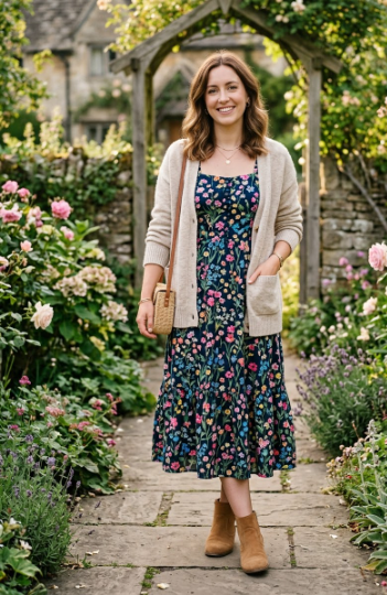 Floral Midi Dress With a Cardigan